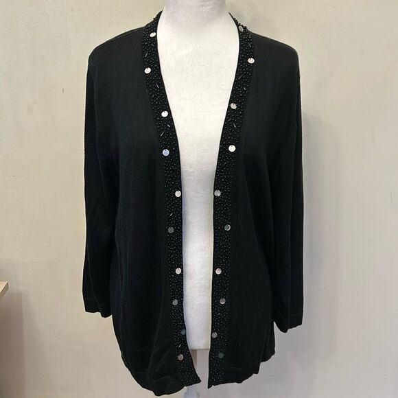 Investments black beaded sequined long sleeve open cardigan Size L EUC - Picture 1 of 8
